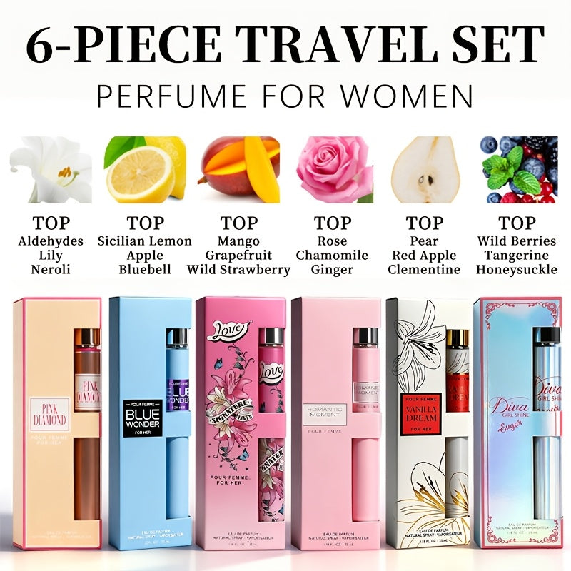 6pcs Travel Set, Women'S Eau De Parfuma Spray, Long-Lasting Fragrance, 6 Different Flavors, Perfect for Holiday Gifts, Dating, Daily Life, Parties, 1.18 Fl Oz/Bottle