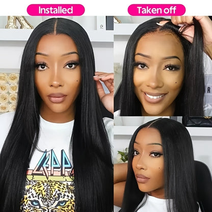 Straight Human Hair Wig 5x5 HD Lace Closure Glueless Wig Pre Bleached Knots Pre Plucked Baby Hair Wear and Go Natural Black 16-34 Inch Elegant Natural Look