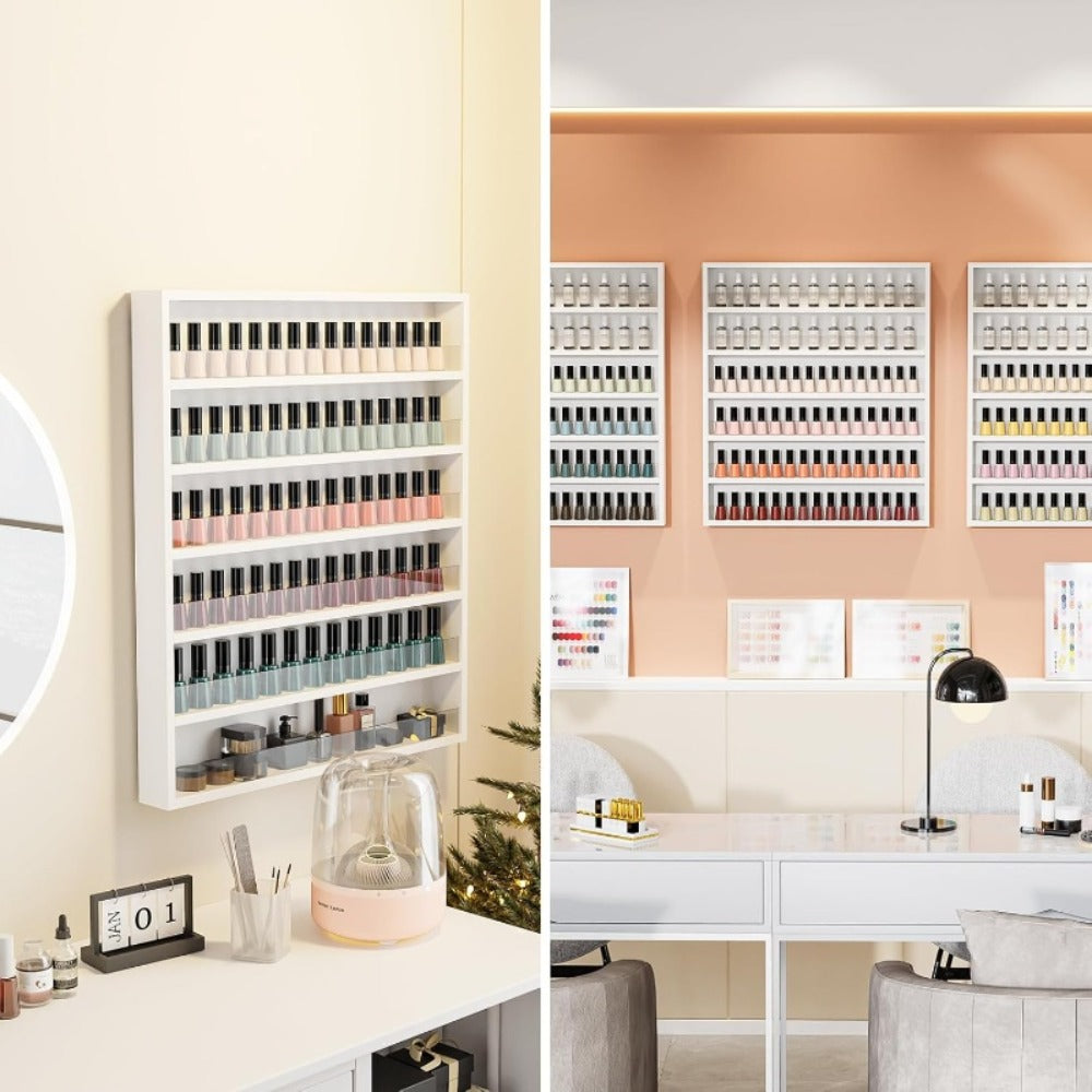 6 Layers/ 10 Layers Nail Polish Rack, Wall Mount Nail Polish Organizer W/ Acrylic Baffle, Salon Display Rack for Home Spa And Nail Studio, Pink/ White/ Black