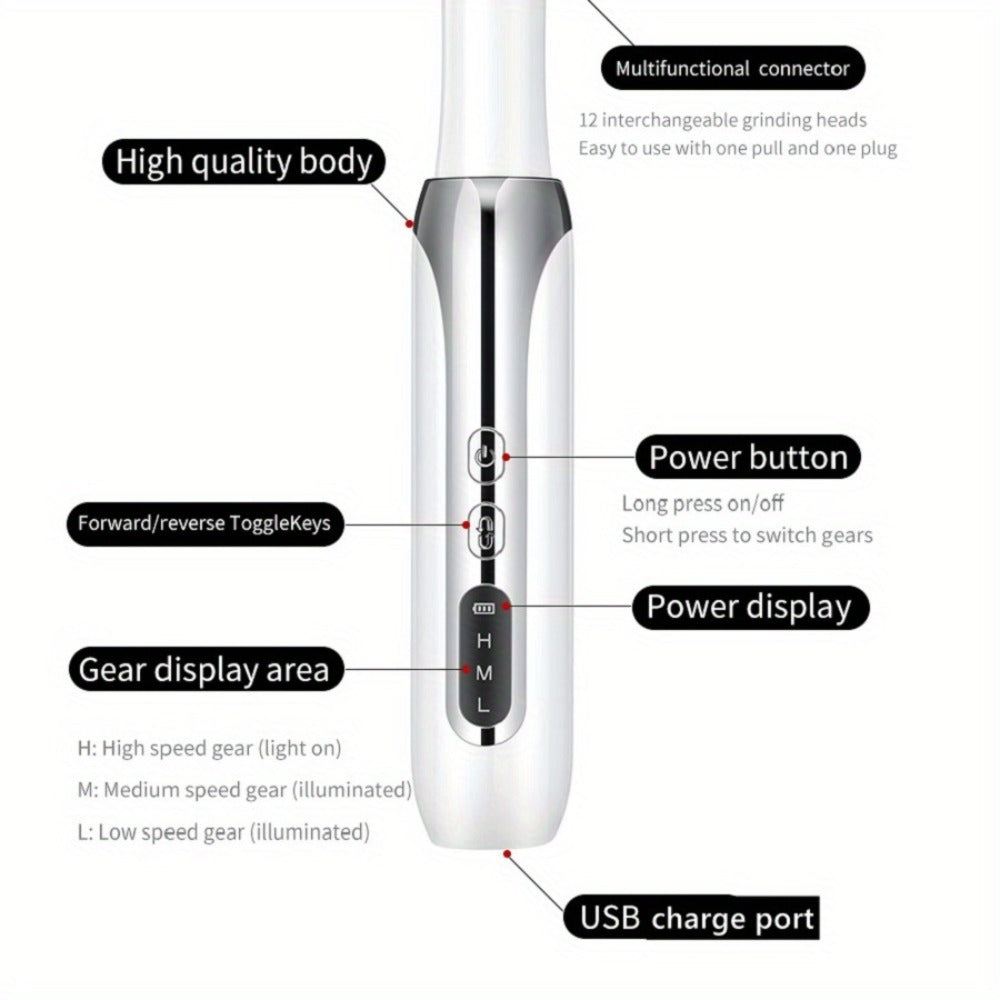 Electric Nail Drill, Cordless Nail Drill, Electric Nail File, USB Rechargeable Portable Nail Drill for Manicure Pedicure And Polishing, with 12 Nail Drill Bits And Sanding Bands, White