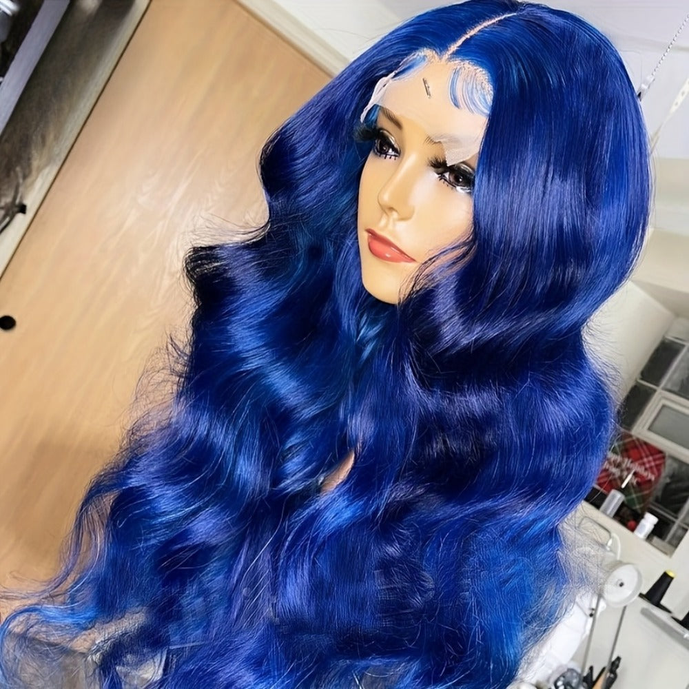 HD Lace Front Wig Long Wavy Synthetic 13x4 200% Density Glueless Pre-Plucked Ombre Blonde Blue Mixed Color Women Party 32 Inch