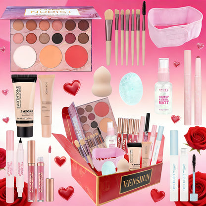 18-Color Eyeshadow Makeup Gift Set for Women - Foundation + Eyeshadow Palette + Coral Lipstick + Eyebrow Pencil, Full Face Starter Kit, Holiday & Birthday Gift for Girls & Teens
