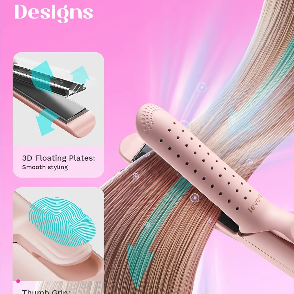 2-in-1 Pink Heated Curling Iron, Flat Iron and Curler, Heat-Free Curling Iron, 360° Adjustable, 5-Level Hot/Cold Air Adjustment, Fast & Dual Voltage, for Long and Short Hair