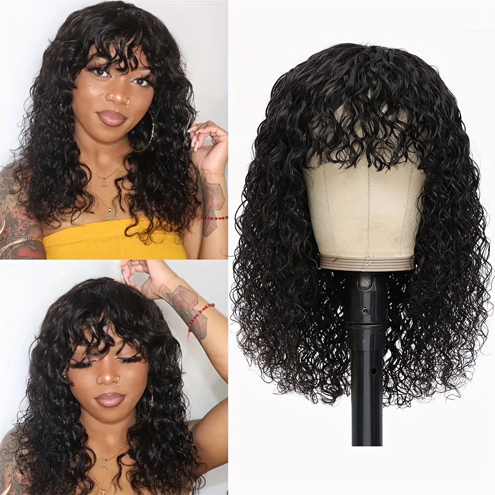[Water Wave Wig] Elegant Water Wave Wig With Bangs For Woman Glueless Wigs Remy Human Hair, Full Machine Made, Non-Lace, Rose Net Cap, Ideal For Daily Wear & Parties