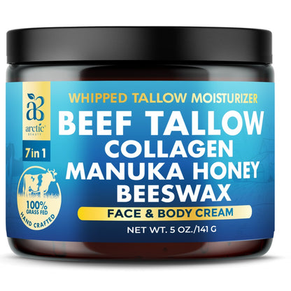 Whipped Beef Tallow Moisturizer - Organic Grass-Fed All-in-One Face & Body Cream with Manuka Honey, Jojoba Oil & Collagen for All Skin Types, Natural Skincare
