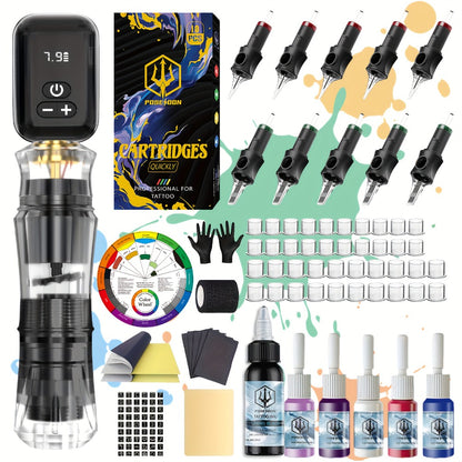 Wireless Tattoo Machine Kit Complete Set Rotary Tattoo Pen with 1400mAh Battery Digital Display 10 Cartridge Needles 6 Inks Practice Skin Beginner & Pro