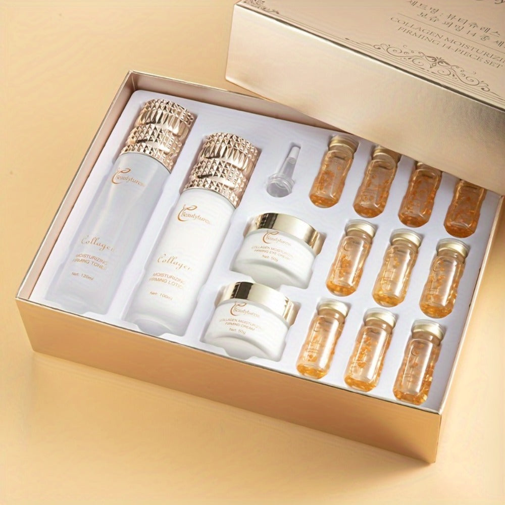A Luxurious 14-Item Collagen Skincare Collection for Women, Designed to Hydrate And Firm The Skin with Sodium Hyaluronate And Niacinamide. It Offers Deep Moisture And Brightening Effects, And Comes in a Perfect Gift Box That Includes a Face Toner