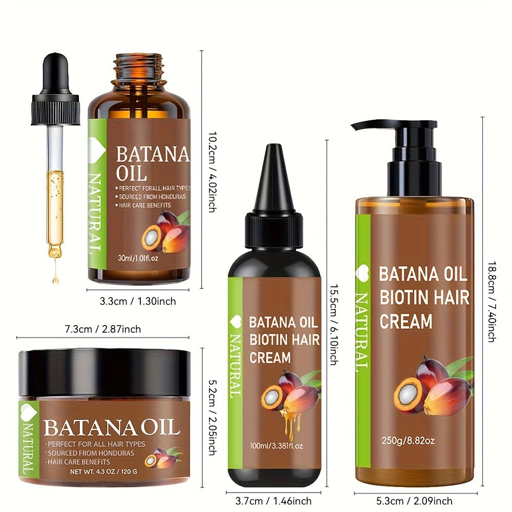 Batana Hair Oil 4-Piece Set – Honduran Cold-Pressed Oil, Hair Cream & Milk with Biotin for Scalp Care, Hair Growth & Breakage Prevention, All Hair Types