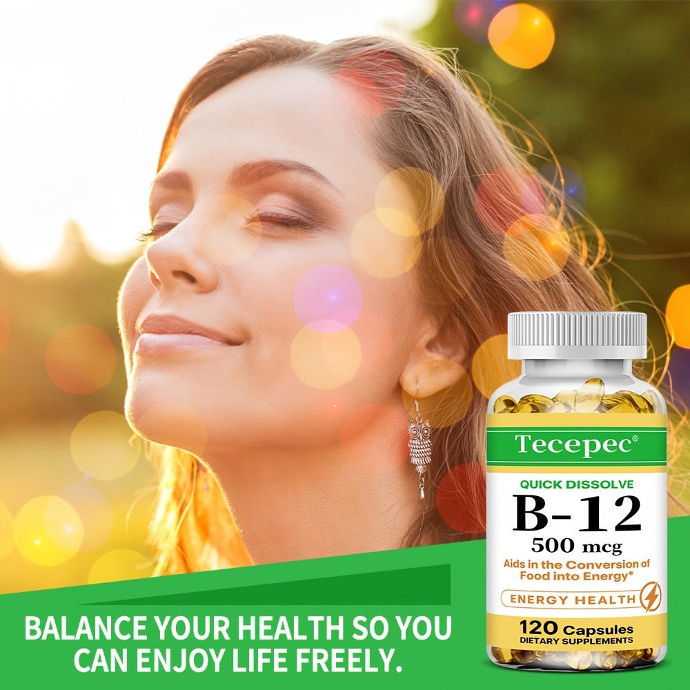 Vitamin B12 Dietary Supplement - 500 Mcg Per Serving, Premium Formula - Supports Nervous System And Cardiovascular Health - Supports Nutrient Absorption And Daily Vitality - Suitable For Men And Women - 120 Capsules