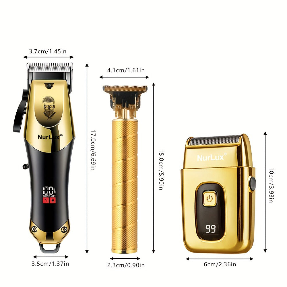 WEEME 1pc/3pcs Men'S Hair Clipper, Golden Hair Clippers LCD Display, USB Rechargeable, Guide Combs, Trimmer And Shaver, With Cleaning Brushes, Gift For Men