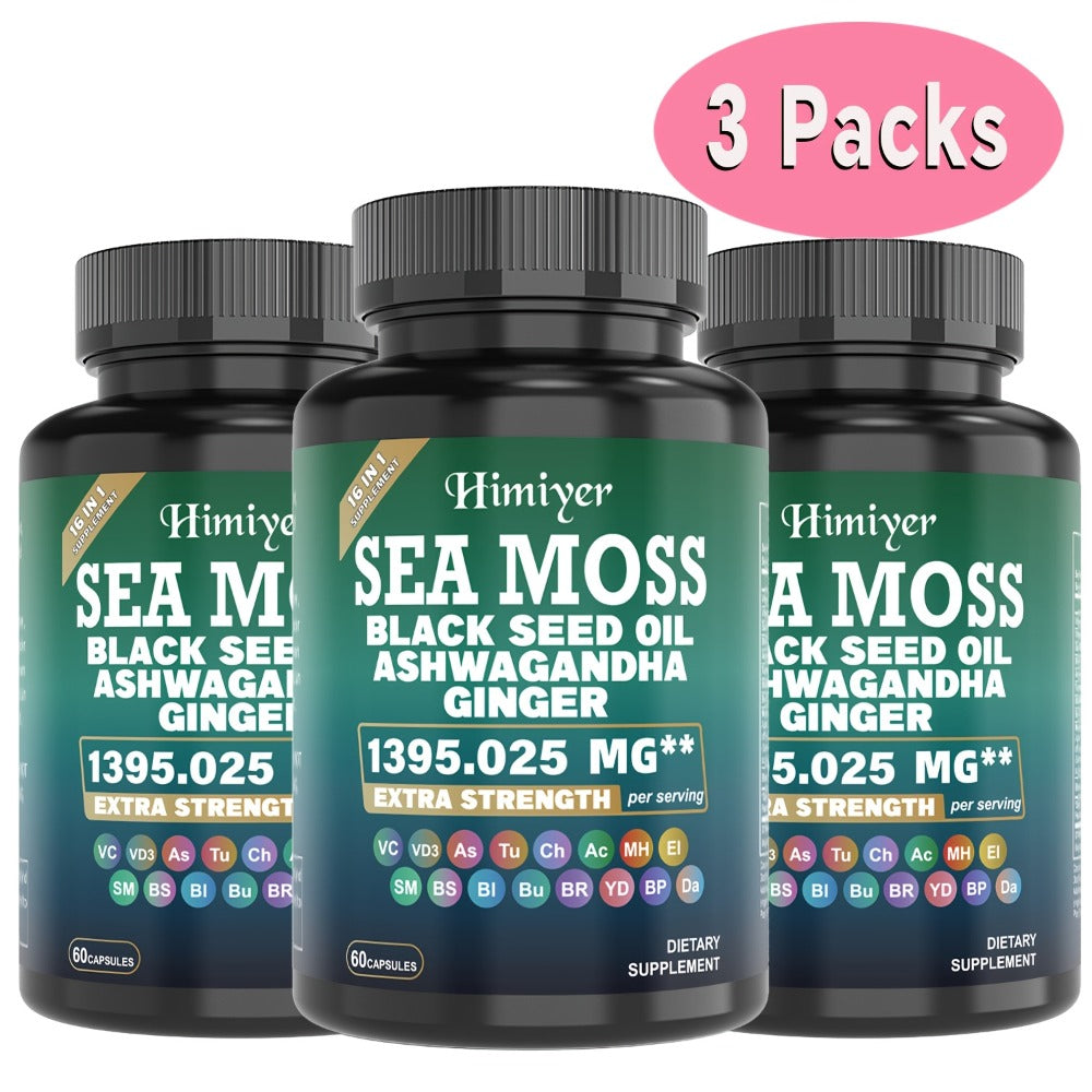 3Packs Sea Moss Capsules W/ Black Seed Oil, Ashwagandha & Turmeric - 90mg Vitamin C & D3 for Vitamin Support - Natural Supplement. Health & Energy&Immunity.