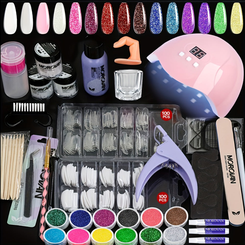 Acrylic Nail Kit with Lamp - Pink Clear White Acrylic Powder 12 Glitter Colors Nail Clippers & Polish - Complete All-in-One Manicure Set for Nail Technicians & Beginners