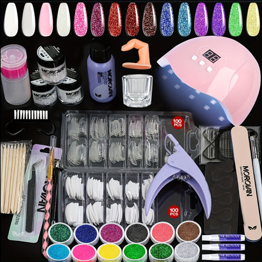 MOROVAN Value Manicure Set: Pink, Transparent, And White Acrylic Powder, a 1.35oz Bottle of for Nail Polish, a Set of for Nail Clippers, a for Nail Lamp, a Lamp, And 12 Colors of Glitter. an All-In-One Solution for Nail Technicians