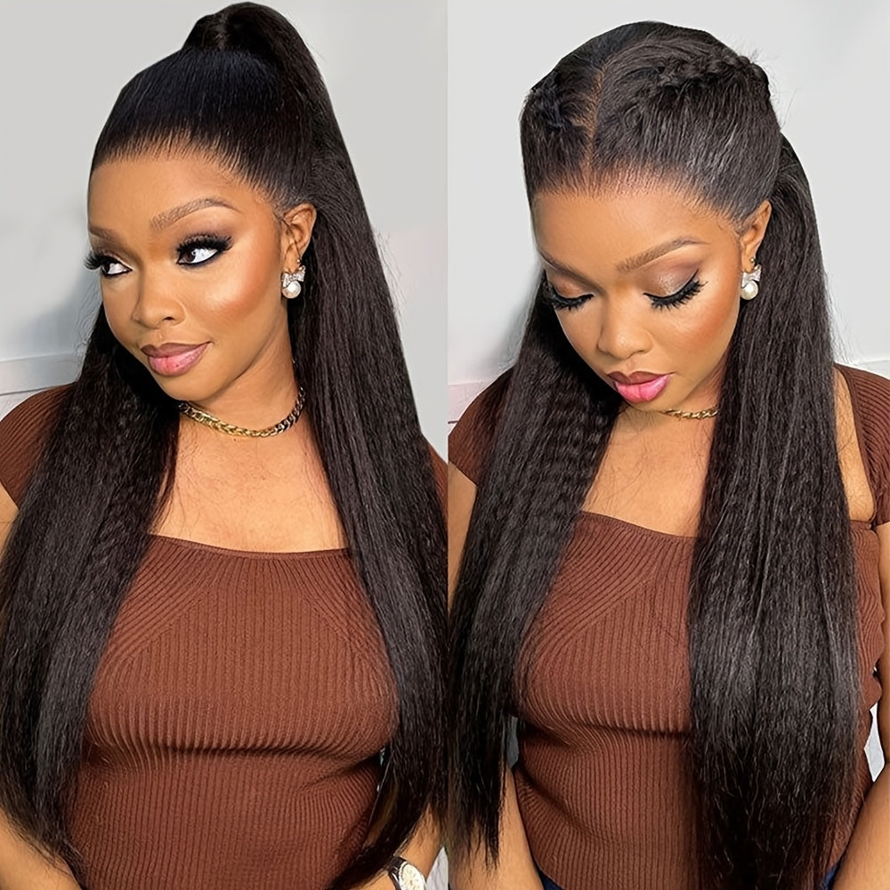 Kinky Straight Black Color Hair Frontal Lace Replacement Wigs | Yaki Straight for Fashion Women, Lace Front, Glueless, Pre Plucked Hairline, 26 Inch, Heat Resistant Soft Fiber, Beginners Friendly, Brand: MAYCAUR