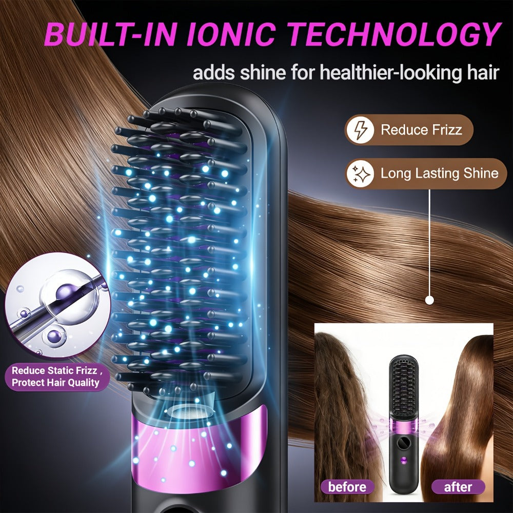 Ionic Hair Straightener Brush, USB-C Rechargeable And Adjustable Temperature - 3-In-1 Straightener for Frizz Control And Shine, Anti-Scald | Salon Results at Home