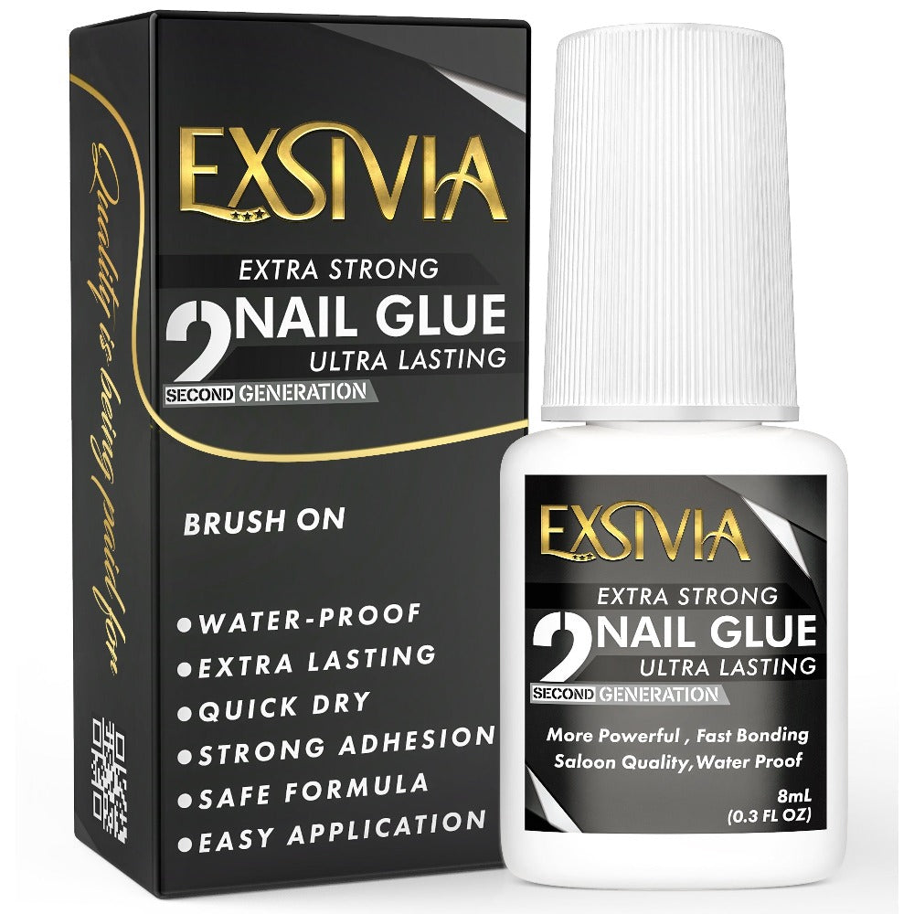 Super Strong Nail Glue for Press On Nails, Acrylic Nails & Nail Tips Exsivia 2nd Gen NailBond for Fake Nails, Extra Strength,Long Lasting, Brush on Adhesive, No Dehydrator or Primer Needed