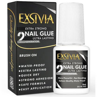 Extra Strong Brush On Nail Glue 10ml Exsivia - Quick Dry Waterproof Long Lasting Bond for Press On Nails Acrylic Fake Nail Tips - No Dehydrator or Primer Needed Salon Quality Nail Adhesive for Women