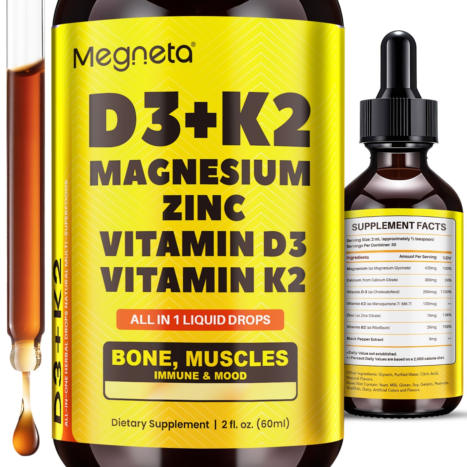 Vitamin D3 10000 IU & K2 As MK-7 120mcg with Magnesium, Vitamin B2, Zinc, Sugar-Free Vitamin D Liquid |Calcium Absorption for Mood & Immune Health - 2fl.oz, 30 Days
