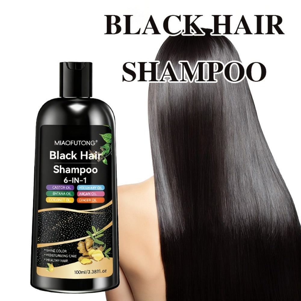 Black Hair Dye Shampoo 6-in-1 Gray Coverage - Castor, Batana, Coconut, Rosemary & Ginger Oil Formula, Instant Color, Glossy & Voluminous, Unisex, All Hair Types