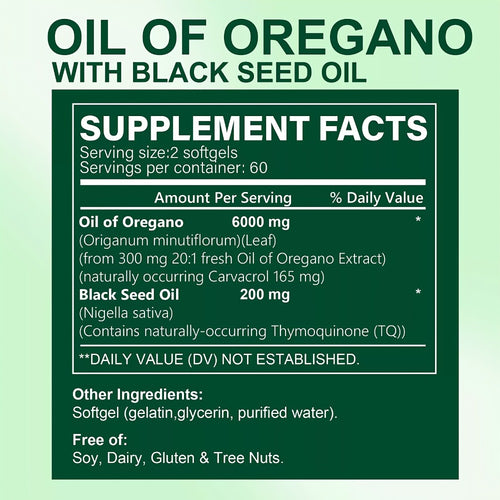 1-3P Bottle of Oregano Oil Softgels - Wild Oregano Oil 6000, Black Seed Oil 200 Capsules, 120 Capsules, Containing Carvacrol And Thymol, Dairy-Free, Gluten-Free