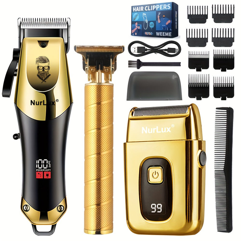 Men's Hair Clipper Set - Golden Series USB Rechargeable T-Blade Trimmer Kit with Combs & Cleaning Brush, 1pc 2pcs 3pcs Options, Gift for Men