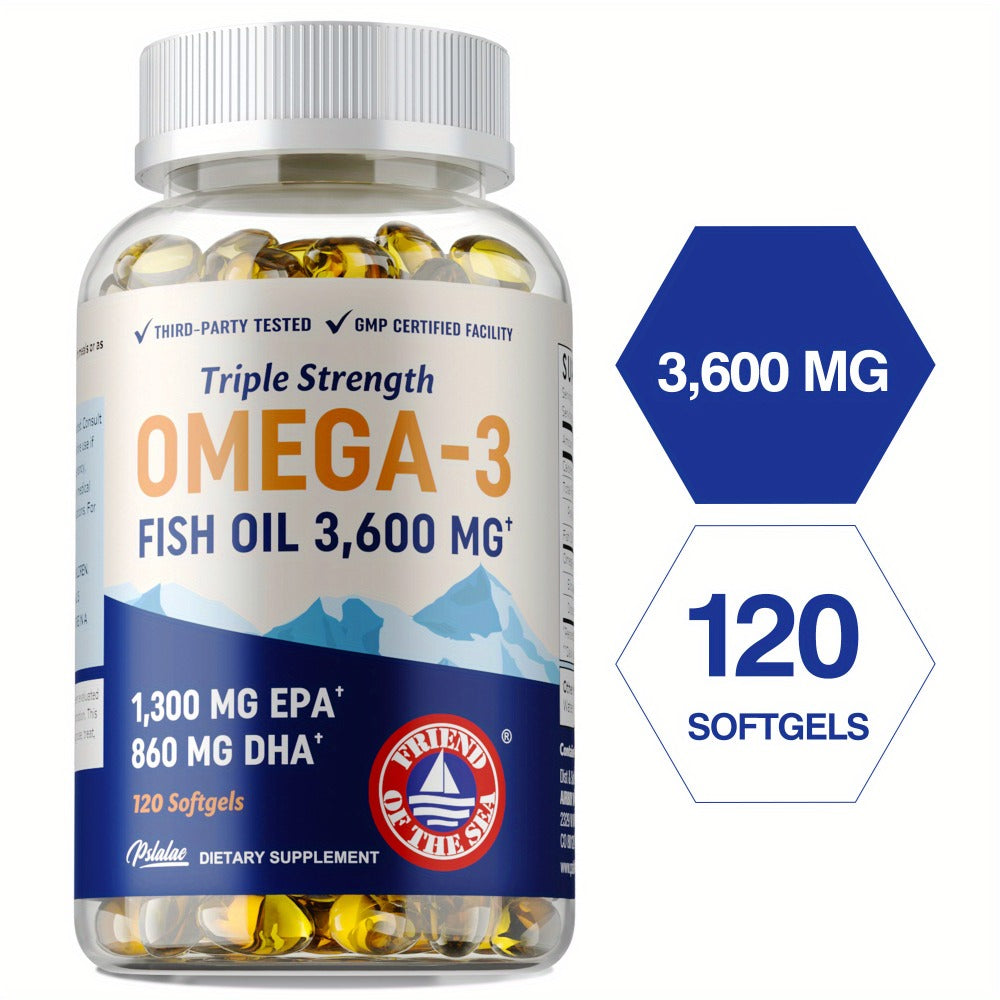 Omega 3 Fish Oil - with EPA & DHA, Omega-3, Triple Strength Omega 3 Fish Oil Supplement, for Eye Brain and Heart Health - 120pcs