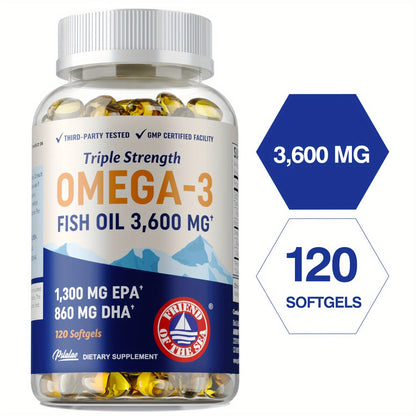Triple Strength Omega 3 Fish Oil 120 Capsules with High EPA & DHA for Eye, Brain & Heart Health, Joint & Immune Support for Men & Women