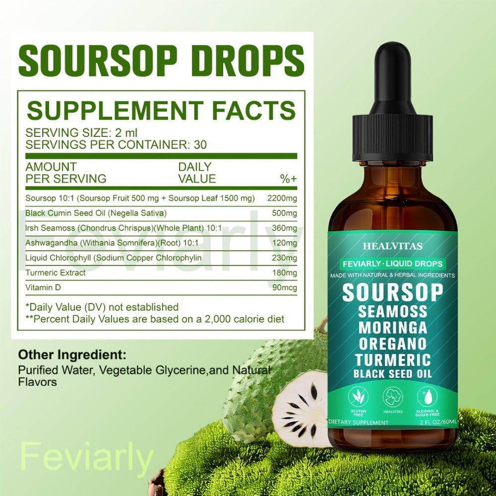 Soursop Liquid Drops | Soursop Bitters Liquid Drops 10in 1 with Sea Moss, Moringa, Turmeric, Black Seed Oil, Oregano, Ashwagandha | Herbal Extracts for Overall Health Supports