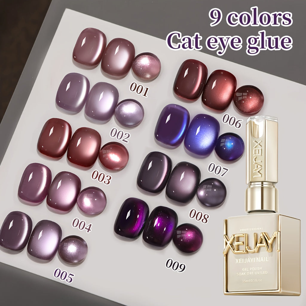 XEIJAYI 9pcs 0.51oz Purple Cat Eye Nail Polish Gel Gel Soak Off Nail Magnetic Gel Polish Nail Art DlY for Salon At Home-No Magnetic Stick Included for