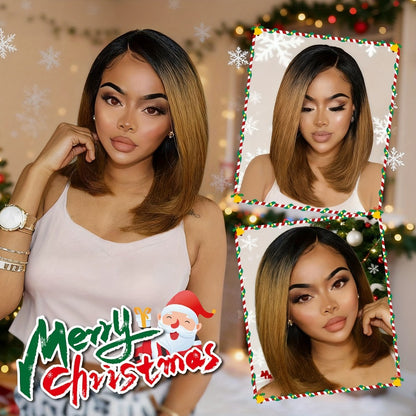 U Part Lace Bob Wig Ombre Black Brown Straight Synthetic Hair - 13x2 Lace Front Short Bob Wig for Women Natural Hairline 12 Inch