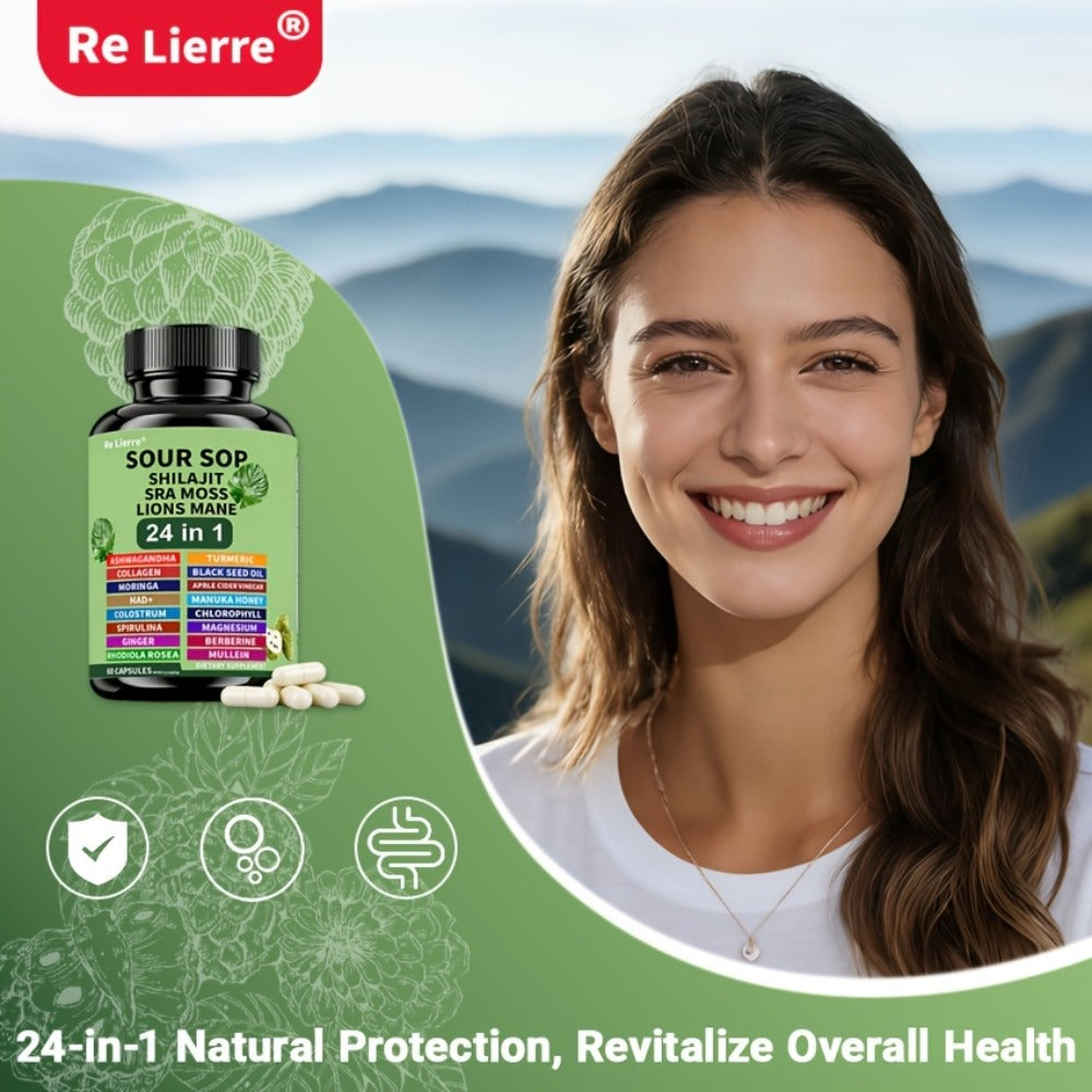 [24in1 Soursop Moss Capsules] Brakme 24in1 Soursop Shila Sea Moss Lions Mane Capsules - 1pc &2pcs, Men & Women Friendly, Supports Intestinal Health &Antioxidant