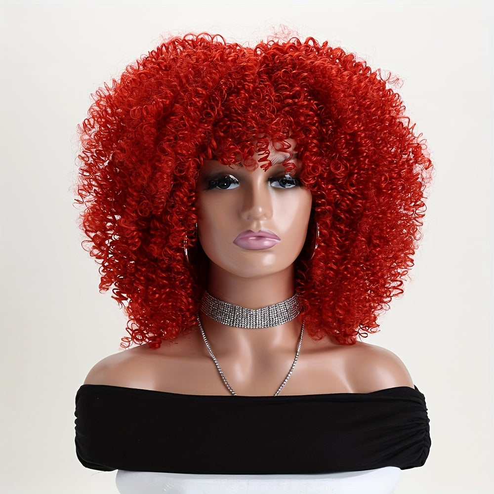16-inch Short Curly Afro Kinky Curly Red Wig, Women's Fashionable and Elegant Stretchable Net Synthetic Fiber Hair Replacement Wig for Women, Heat-Resistant Fiber Wig Suitable for Daily Wear, Cosplay, Parties, Music Festivals, Weddings, and Balls
