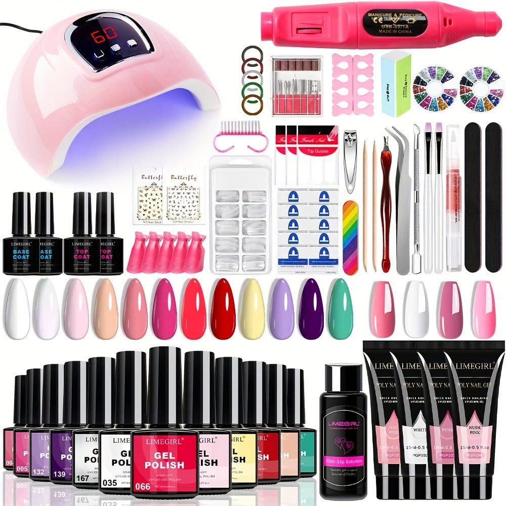 New Year 12 Colors Gel Nail Polish Kit with Nail Lamp Electric Nail Drill, 4 Colors Poly Extension Gel Nail, Nail Cutter, Nail Glitter, Top Coat Base Coat, Nail Art Design Gel Kit Valentine's Day Gift