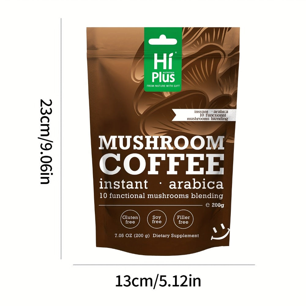 HiPlus Instant Mushroom Coffee Powder - Immune Support & Focus Booster with Arabica Coffee, Lions Mane, Chaga, Reishi, Cordyceps, Turkey Tail, Shiitake, Maitake, Gluten-Free, Soy-Free, No Fillers - Clean Energy & Mental Clarity, No Jitters - 7oz (203g)