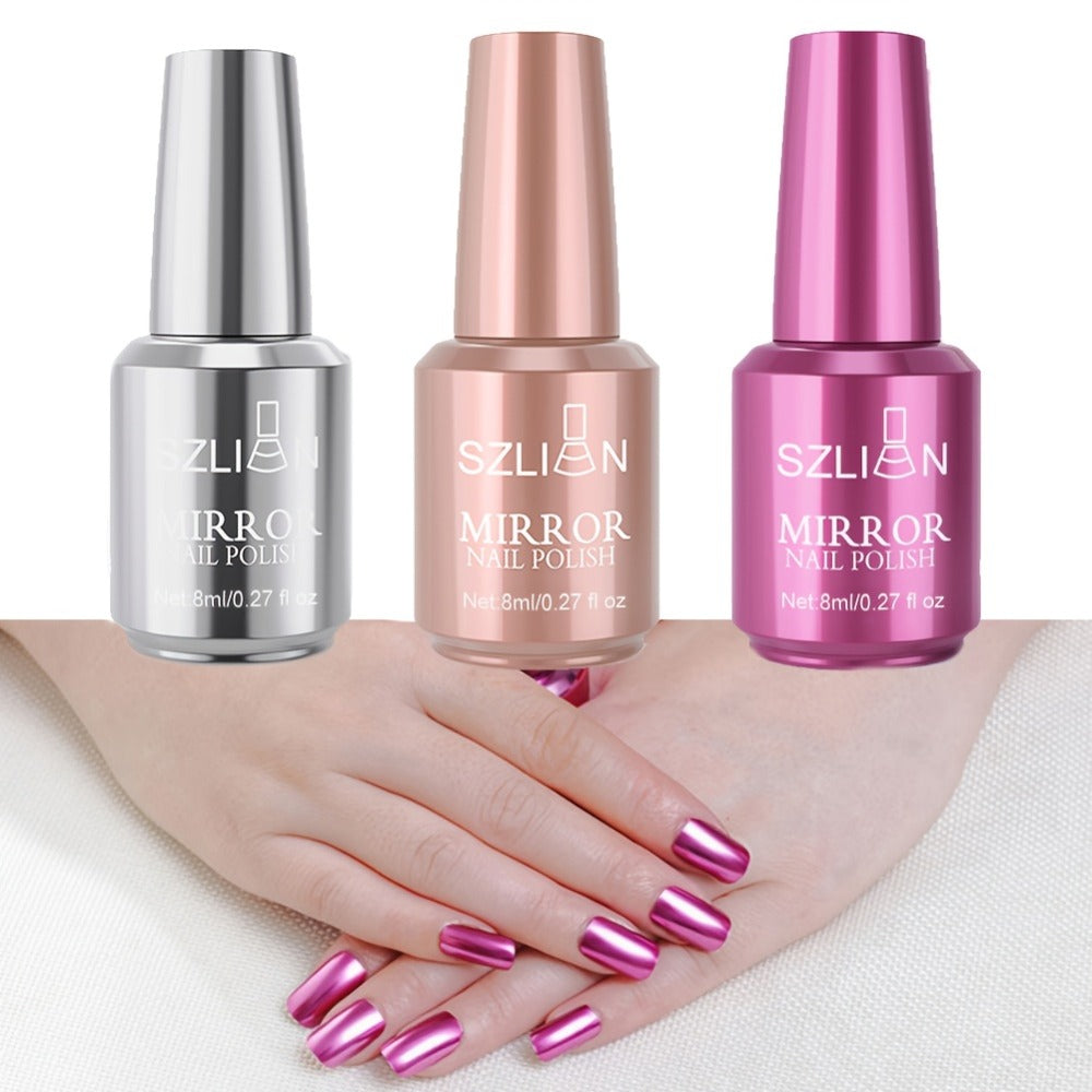Mirror Nail Polish Set – 3 Colors Metallic Chrome Reflective Finish | Acrylic Nail Art Polish for Salon & Home Manicure | Party, Holiday & Valentine's Day Gift for Women