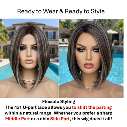 Bob Wig 4x1 U Part Lace Front Rose Net Cap - Middle Part Glueless Wig for Women Brown Highlights Milky White Black Pink 14 Inch
