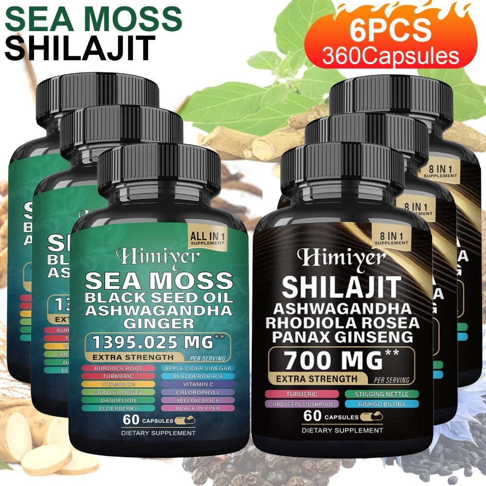 Sports Health Pack, Shilajit And Seamoss Ginger South African Drunken Eggplant Capsule, Sea Moss 350 Mg, Black Seed Oil 200 Mg, Ashwagandha 200 Mg, Ginger And Shilajit 300 Mg, Rhodiola Rosea 100 Mg, 1395mg+700mg Complete Supplement