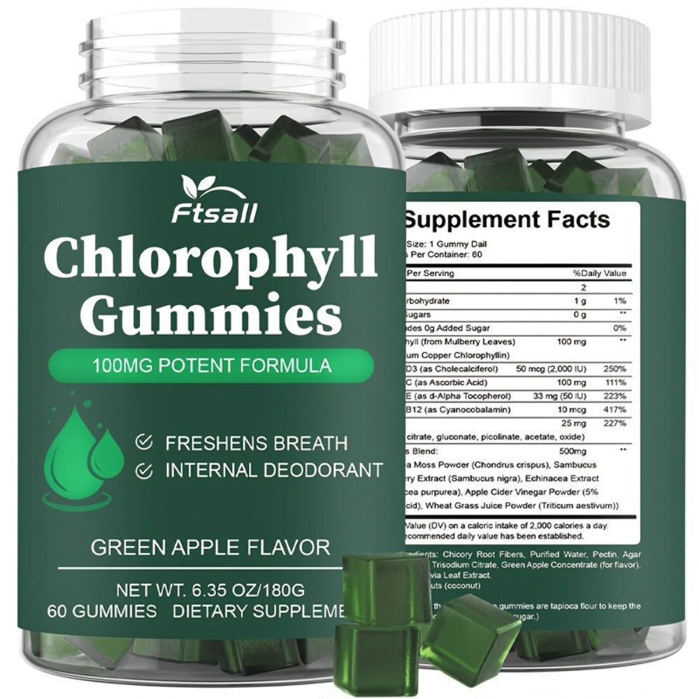 Ftsall Chlorophyll Gummies with Vitamin C, D3, E, B12, Zinc And Irish Sea Moss, Sambucus Elderberry, Echinacea, Apple Cider Vinegar, Freshens Breath Natural Body Deodorizing Supplement, Chlorophyll Herbal Gummies for Women Men Apple Flavor 60 Count