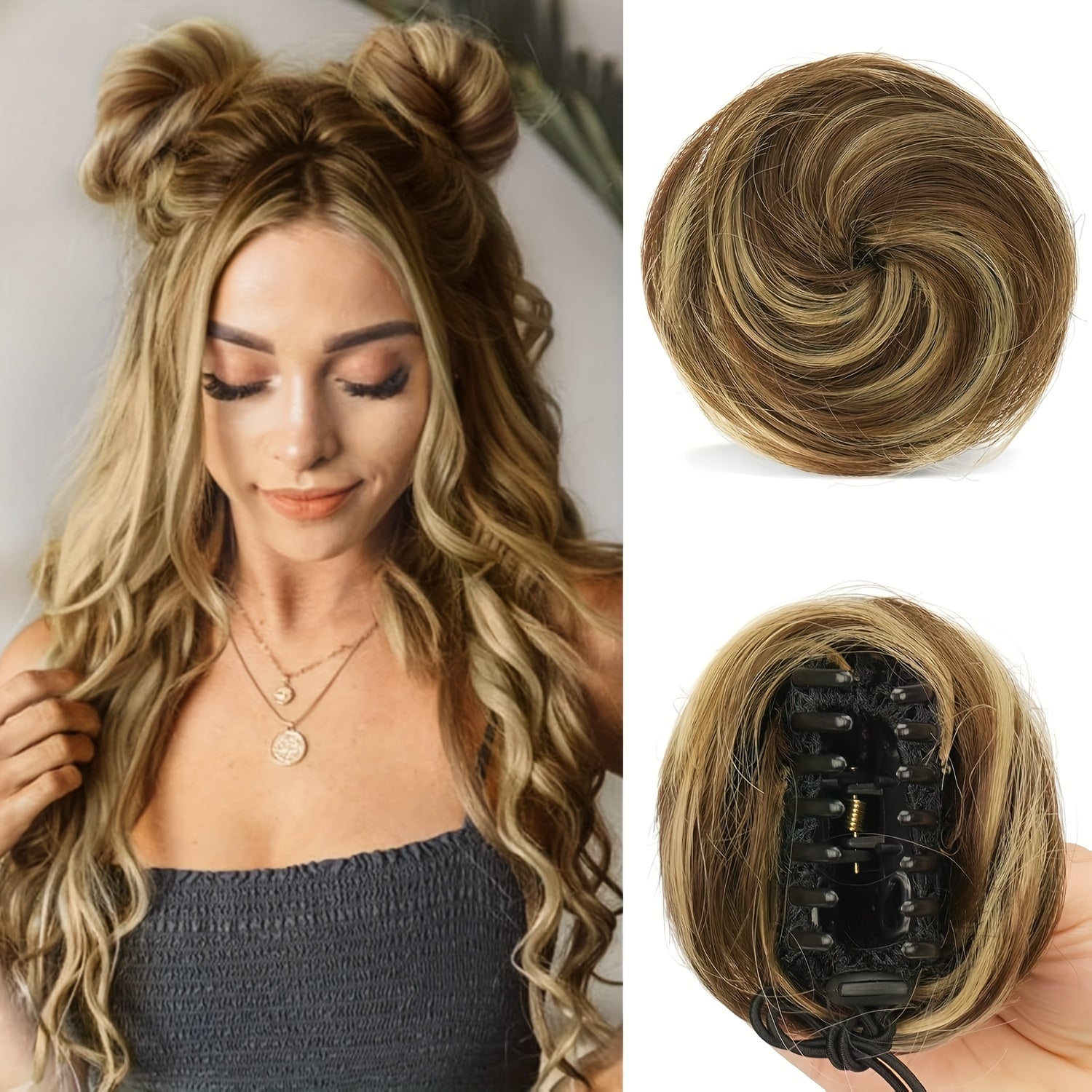 2pcs FESHFEN Clip-In Mini Donut Wig Hair Pieces with Messy Bun & Cat Ears - Synthetic Fiber Updo Extensions for Women & Girls, Instant Volume for Ponytails, Braids, Prom, Weddings, - Look -Ons