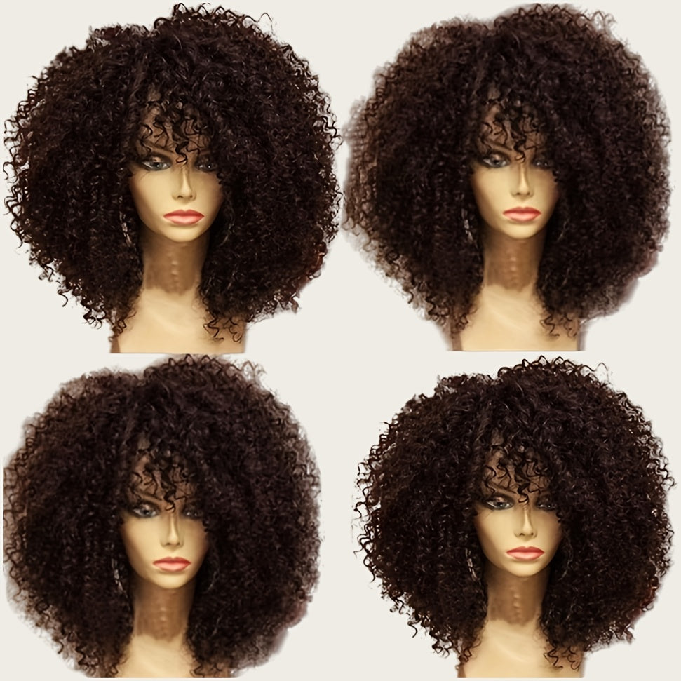 Elegant Afro Kinky Curly Wig with Bangs for Women - 14" Short, Heat Resistant Synthetic Hair for Daily Wear & Cosplay,, Halloween Party, Christmas