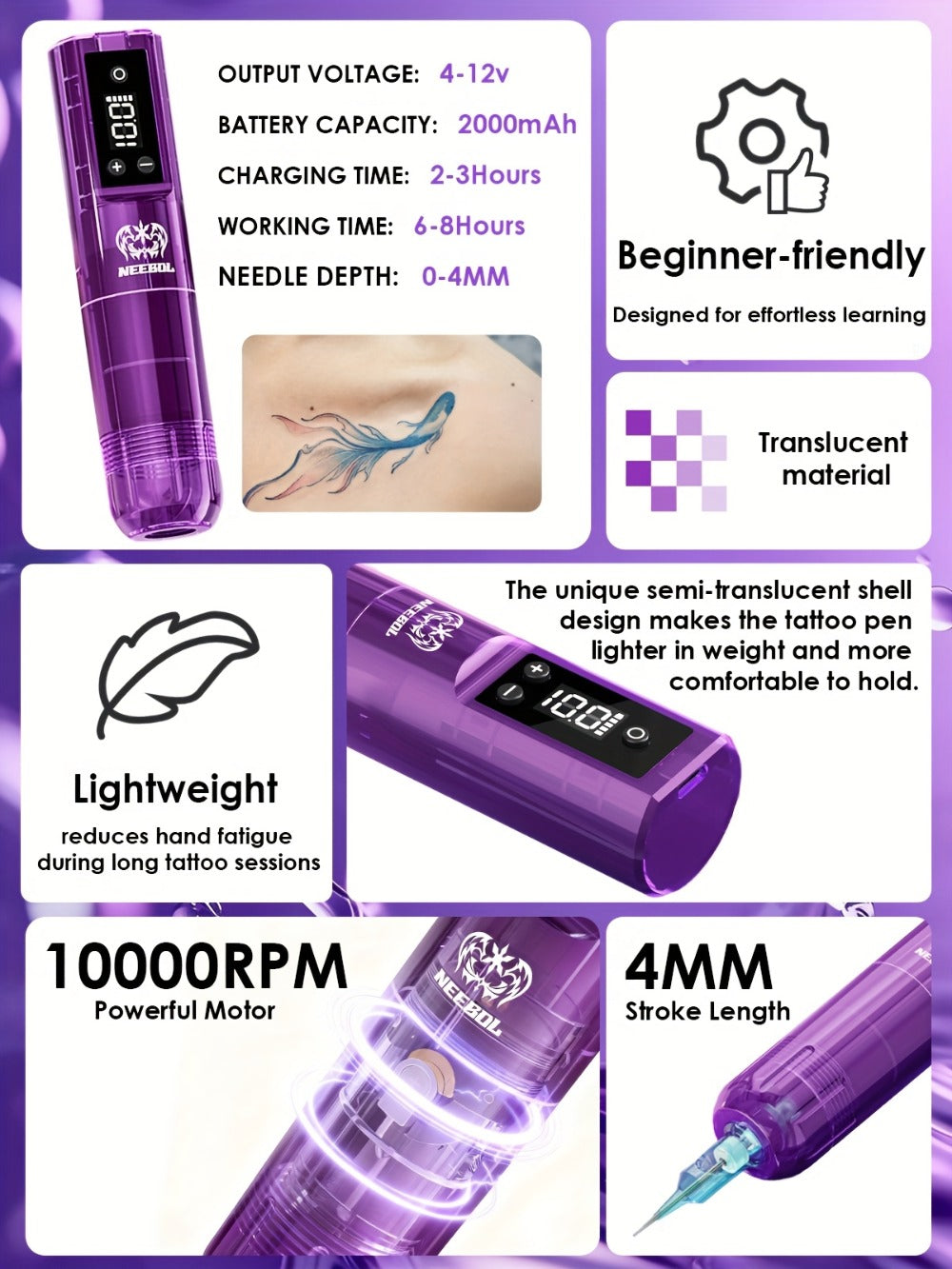 Neebol Tattoo Machine Kit Complete, 20 Cartridge Needles Sold Separately, Christmas & New Year Body Art Gift, Cordless Tattoo Pen, Upgraded Lightweight Design, Wireless Rotary Tattoo Gun with Screen Display, Tattoo Supplies for Beginners & Artists