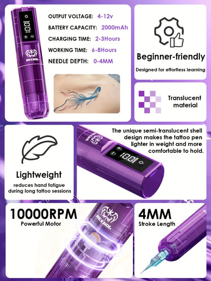 Wireless Rotary Tattoo Pen Machine Neebol Cordless Tattoo Gun with Screen Display Lightweight Upgraded Design with Cartridge Needles for Beginners & Artists