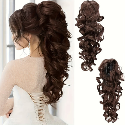 Ponytail Extension Curly Wave Claw Clip Synthetic Heat Resistant Hairpiece - Gradient Color Scroll Curls for Women Daily Wear Special Occasions 16 Inch