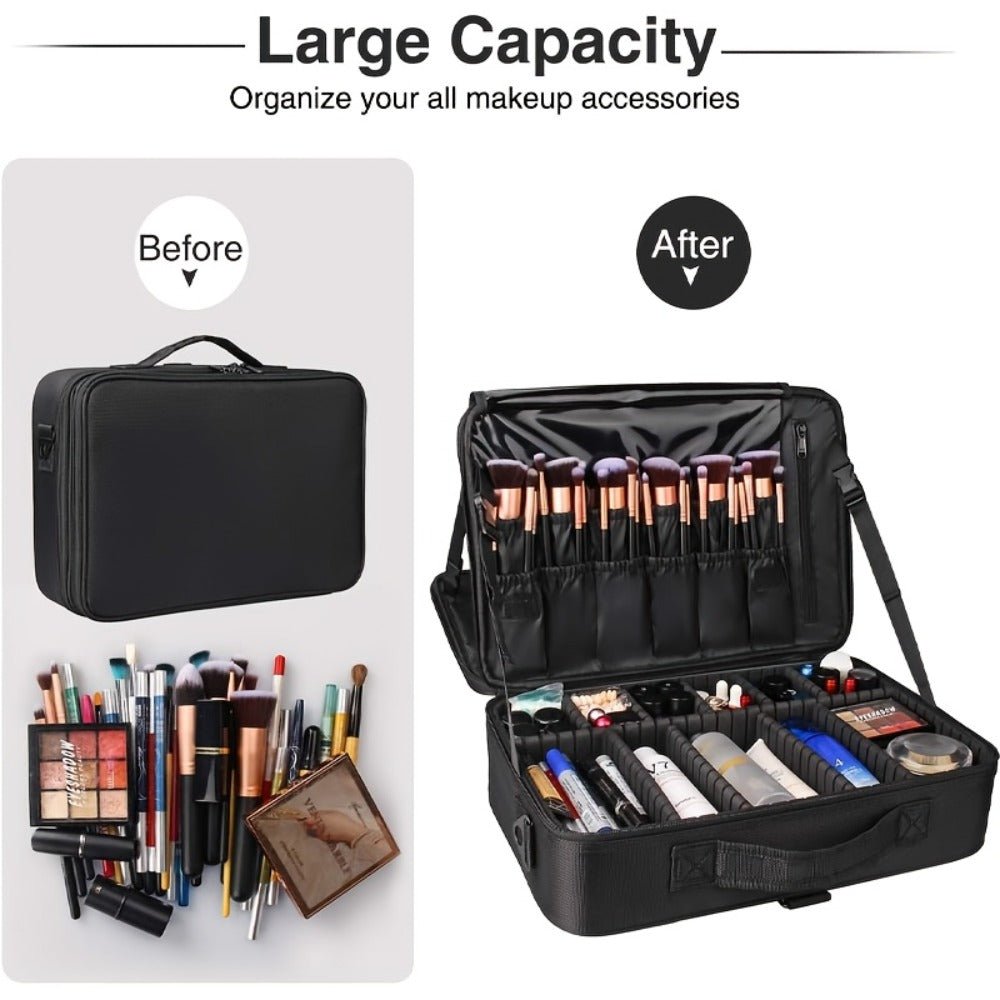 Makeup Case, Professional Train Case Large Makeup Bag, Travel Cosmetic Organizer Brush Holder Makeup Artist Storage Box, for Cosmetics Makeup Brushes Toiletry Jewelry Digital Accessories, 15.8 Inches, with Adjustable Dividers and Shoulder Strap