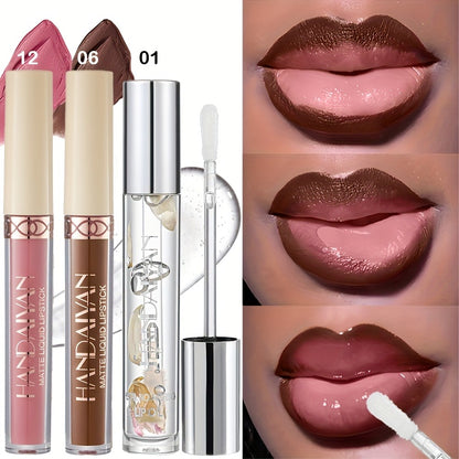 Lip Gloss Set 3pcs - Matte Lip Gloss, Lip Oil & Lip Liner Combo, Waterproof Long-Lasting Non-Sticky Velvet Finish, Mixed Shades for Party Festival Halloween Christmas Daily Makeup
