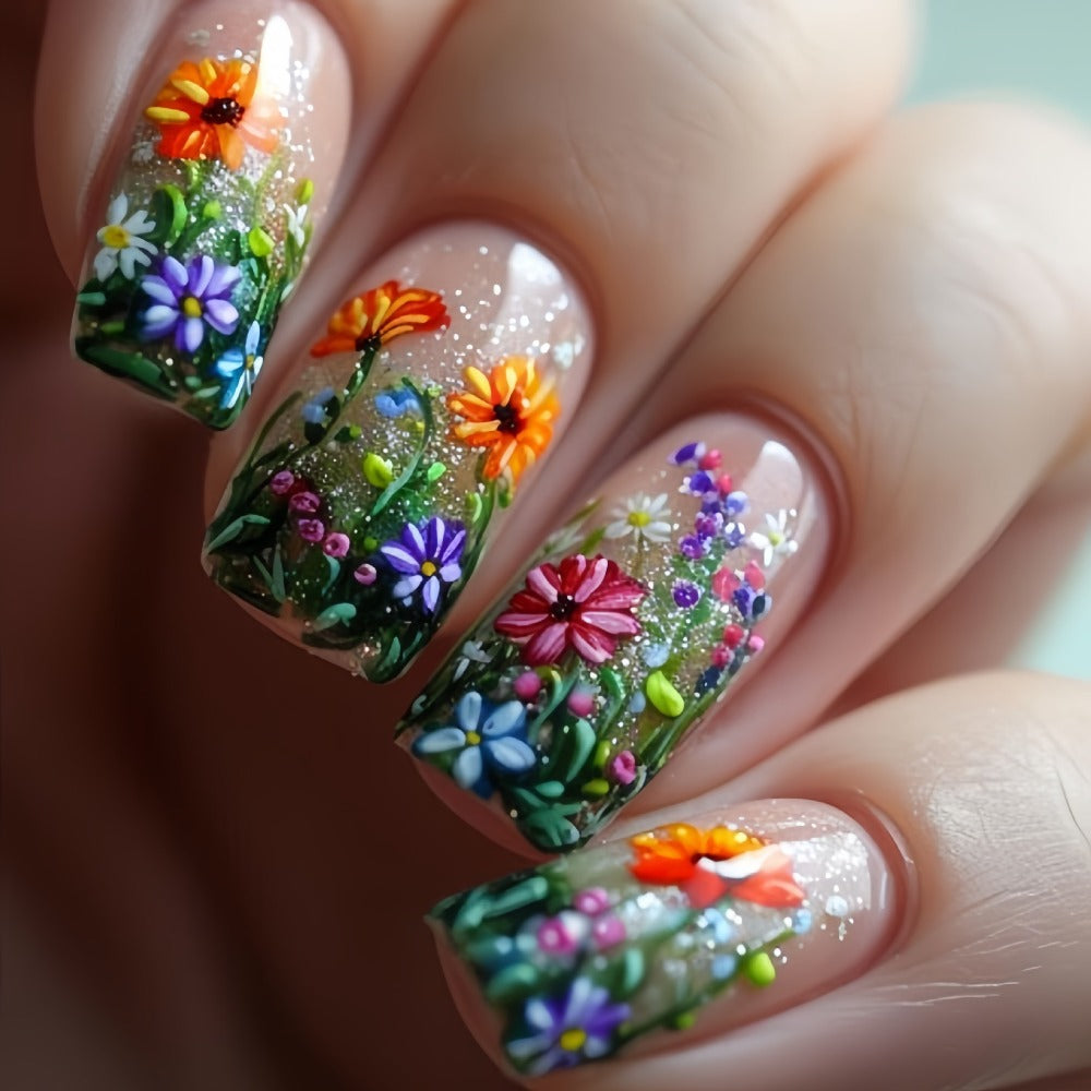 120pcs 5pcs Mixed Color System Nail Art Set, Glossy Finish, Square, Medium Length, Floral and Striped Patterns, Spring/Summer Removable Nail Art Stickers