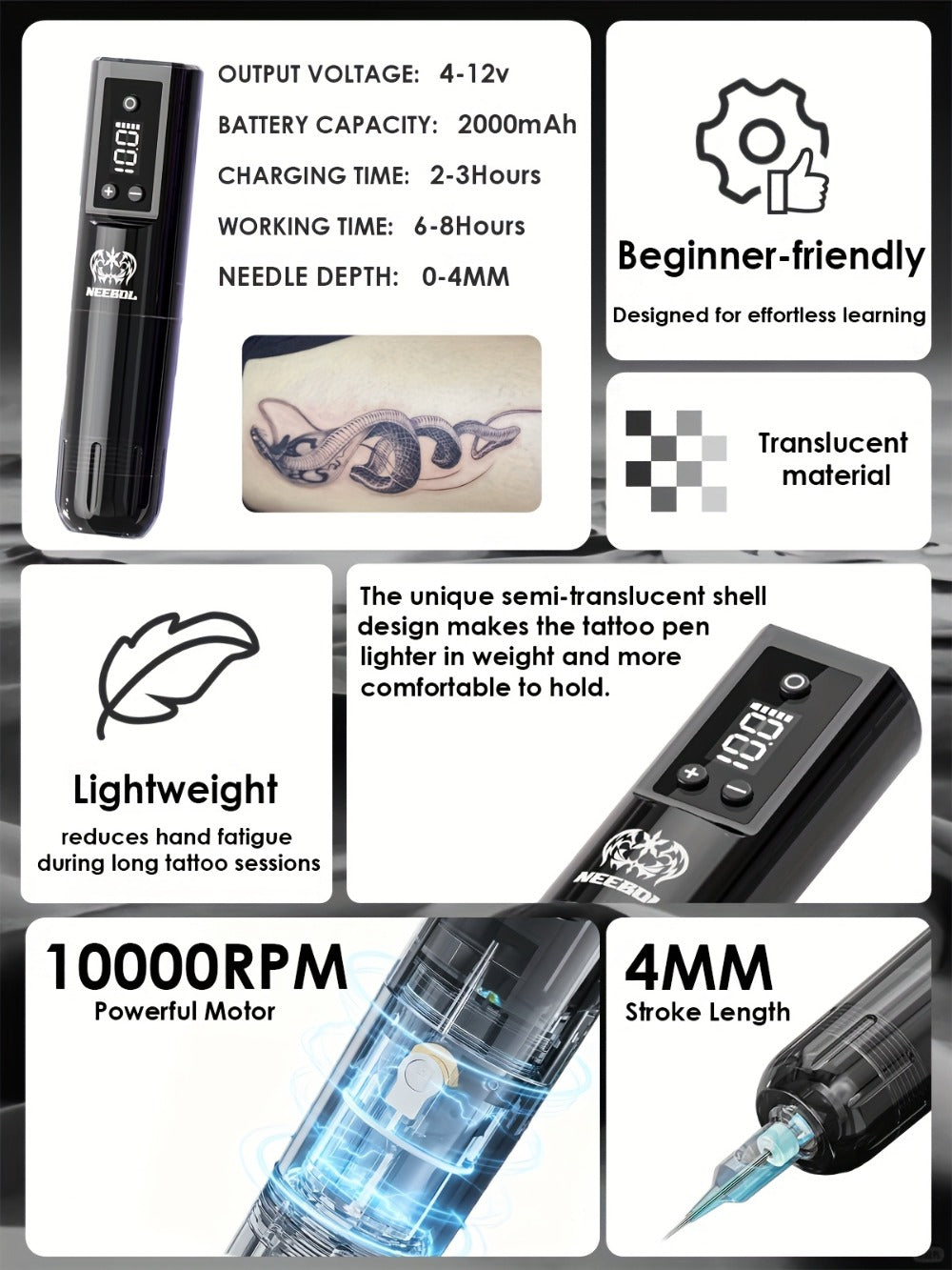 Wireless Rotary Tattoo Machine — Neebol Cordless Tattoo Pen, 6-8 Hour Battery Life, Portable Design, for Professional Artists & Beginners, Black Pink Purple