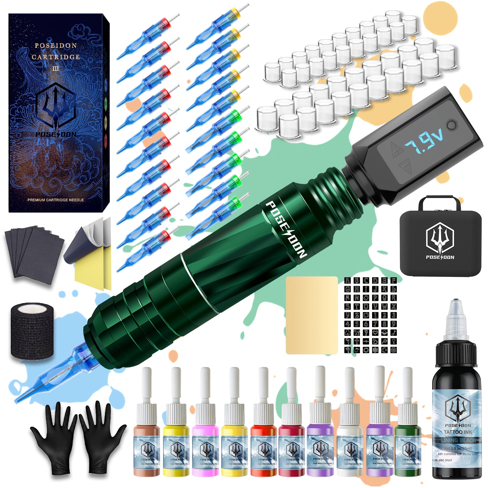 POSEIDON Tattoo V3 PRO Tattoo Pen Kit - POSEIDON Battery Tattoo Pen with Extra Battery 1400mAh, Tattoo Gun Kit with Tattoo Power Supply And 20pcs Tattoo Cartridge Needles, Complete Tattoo Kit 6 Color Tattoo Inks Tattoo Supplies for Beginners, Professional