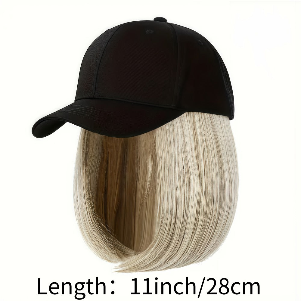 Hat Wig for Women Baseball Cap with Attached Hair Short Bob 12 Inch 2-in-1 Glueless Synthetic Straight Adjustable Breathable Cap Heat Resistant Natural Look Easy Wear