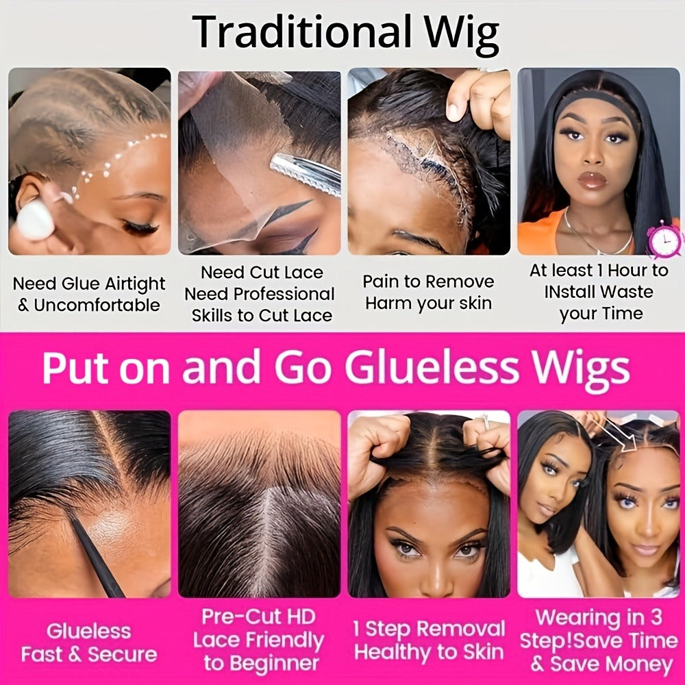 Straight Bob Wig Human Hair 4x4 HD Lace Glueless 250% Density Pre Cut Pre Plucked Wear and Go for Women Daily Party Music Festival 8-14 Inch